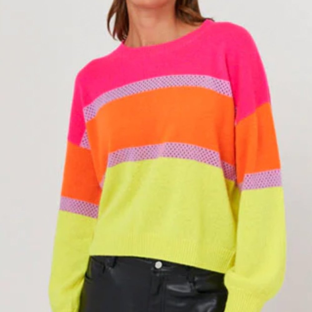 Brodie Stripe Balloon Sleeve Neon Pink Cashmere Sweater
